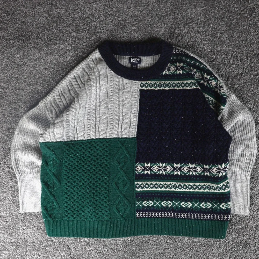 Lands' End Women's Large Patchwork Cable Knit Sweater Green Navy Gray Fair Isle